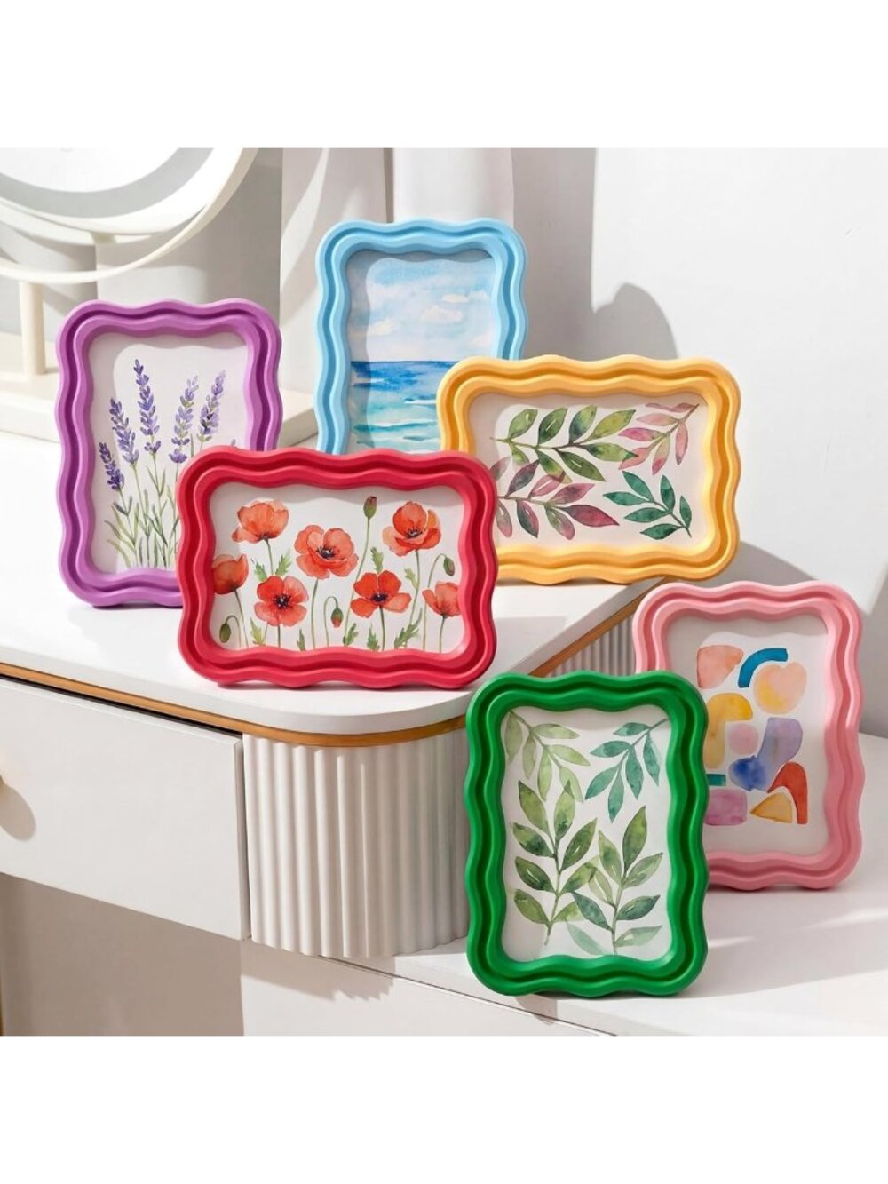 6 Pack Scalloped Picture Frames 4x6 Inch with Real Glass - Colorful Home Decor